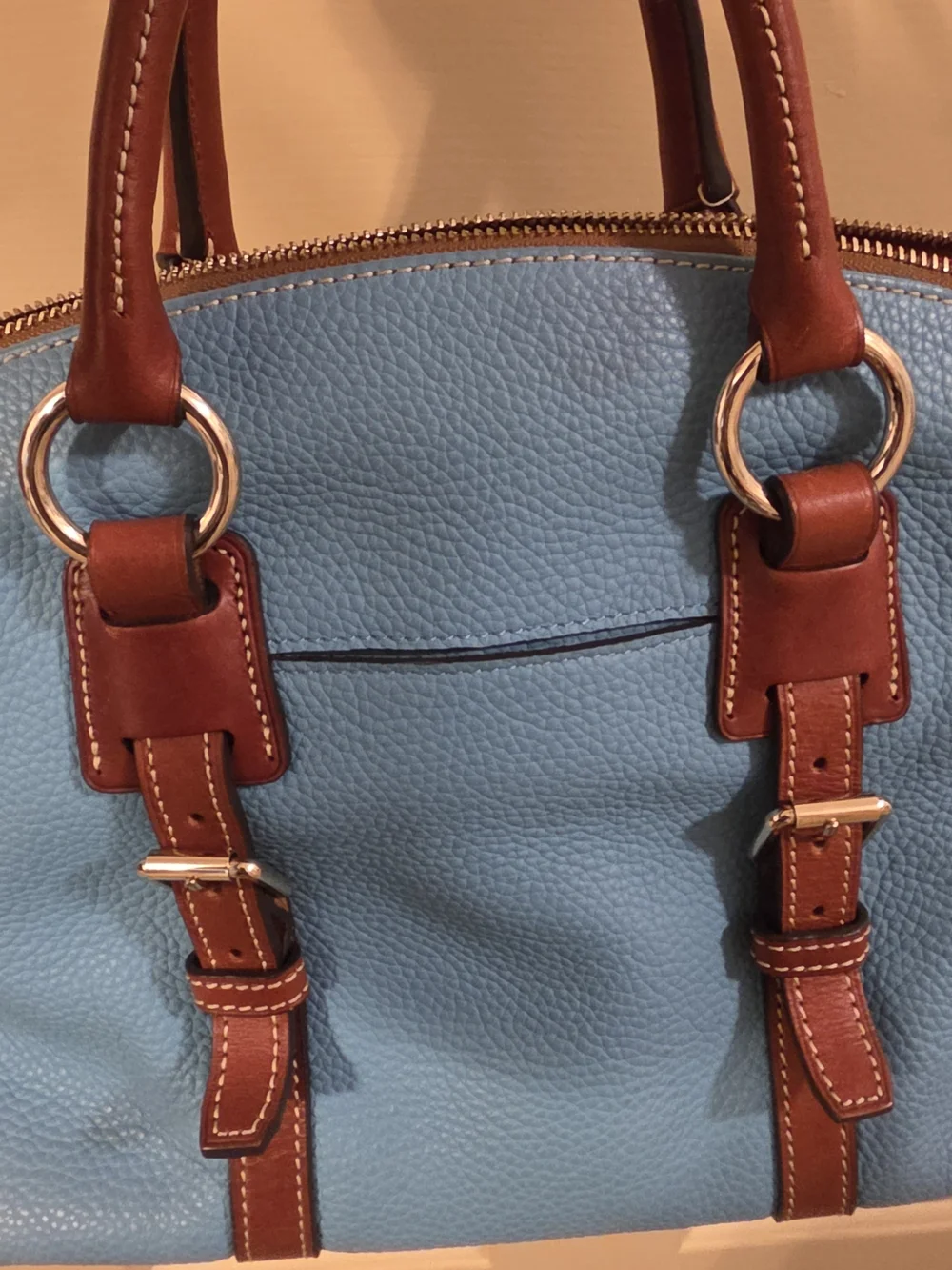 Dooney & Bourke Sky Blue Pebbled Leather Satchel with Brown Trim